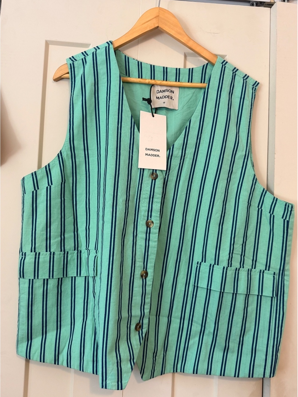 Damson Madder Coco waistcoat organic cotton linen blend mint green vest size 18